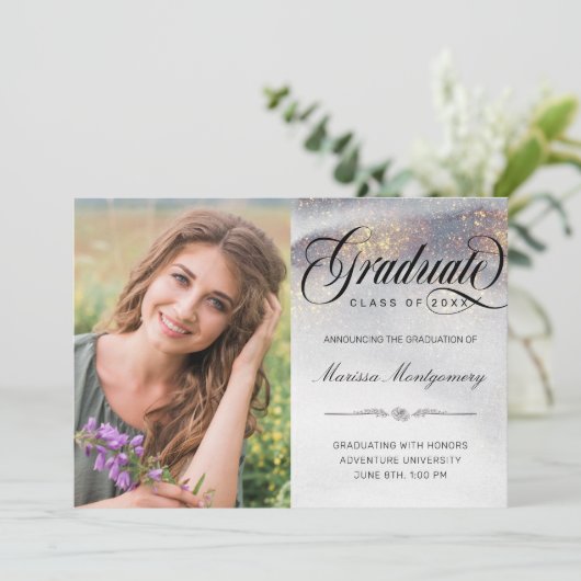 Chique Silver Gold Sparkles Foto Afstuderen Aankondiging (Staand voorkant)