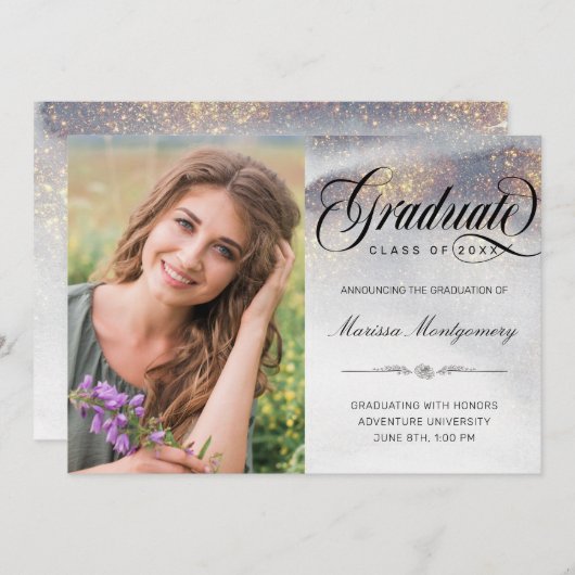 Chique Silver Gold Sparkles Foto Afstuderen Aankondiging (Voorkant / Achterkant)