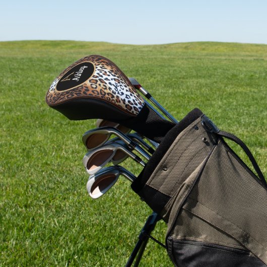 Chique stijlvolle bruin zwart wit luipaard aangepa golfheadcover (Insitu)