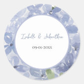 Chique Stof Blauw Hortensia Bloesem Krans Bruiloft Ronde Sticker (Voorkant)