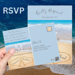 Chique stoffige blauwe harten zand strand bruiloft briefkaart