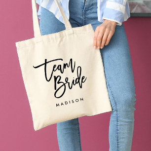 Chique Trendy Borstel Zwarte Script Team Bruid Tote Bag