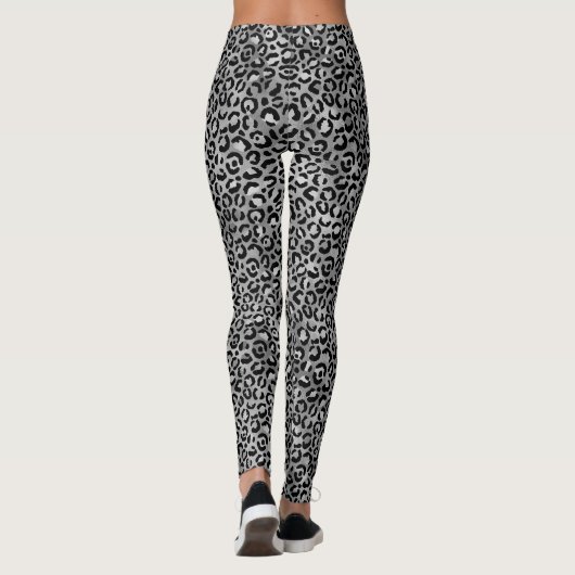Chique Trendy Zwart Zilver Grijs Luipaard Print Leggings (Achterkant)