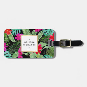 Chique Tropical Print Waterverf Designer Zwart Bagagelabel