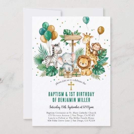 Chique Tropische Safari Jungle Doop 1e Verjaardag Kaart (Voorkant)
