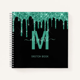 Chique Turquoise Dripping Glitter Monogram Schets Notitieboek