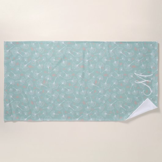 Chique turquoise ginkgo bladeren monogram strandlaken (Voorkant)