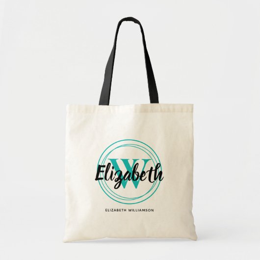 Chique Turquoise Monogram Eerste Letter Script Naa Tote Bag (Voorkant)