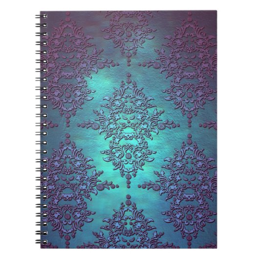 Chique turquoise naar paars damast patroon notitieboek (Voorkant)