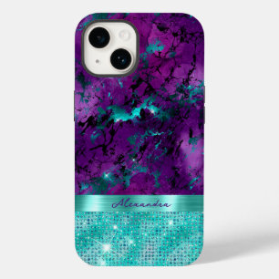 Chique Turquoise Paarse Marmer Faux Glitter Monogr Case-Mate iPhone 14 Hoesje