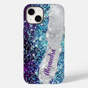 Chique Turquoise Paarse Zilveren Faux Glitter Mono Case-Mate iPhone 14 Hoesje
