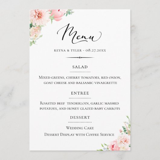 Chique Typografie Blush Roze Bloemen Bruiloft Menu (Voorkant)