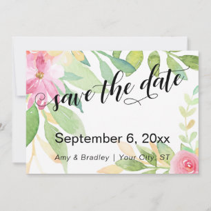 Chique typografie roze boho waterverf bloemen save the date