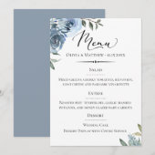 Chique typografie stoffig blauwe botanische bruilo menu (Voorkant / Achterkant)