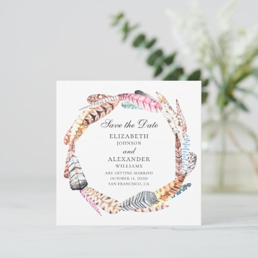 Chique veren krans. Boho trouwkaart save the date Kaart (Staand voorkant)