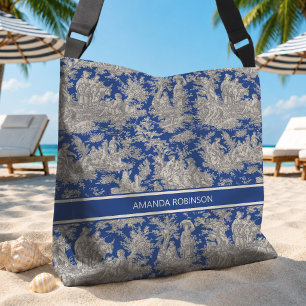Chique vintage donkerblauwe toile de jouy bedrukt crossbody tas