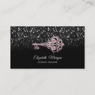 Chique vintage sleutel met zwarte glitters en love visitekaartje