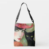 Chique vrouw en zwarte kat crossbody tas (Achterkant)