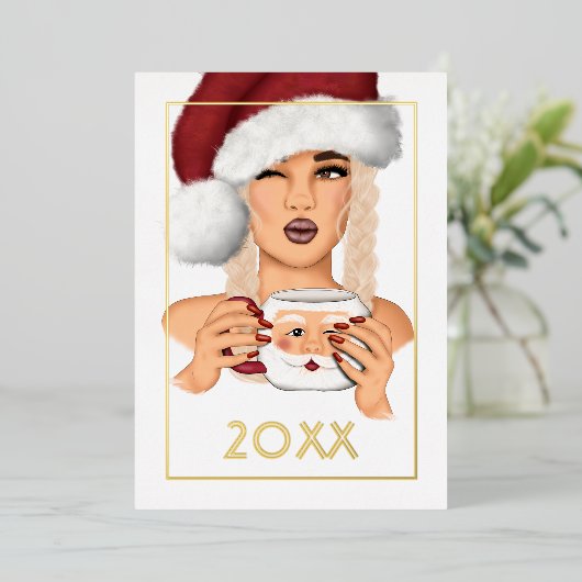 Chique vrouwelijke Kerstman kerst Folie Feestdagenkaart (Staand Voorkant)