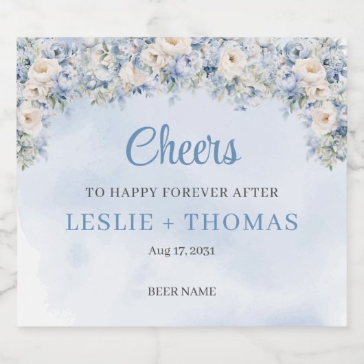 Chique waterverf blauw en ivoor rozen eucalyptus bier etiket (Enkel label)