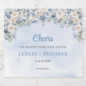 Chique waterverf blauw en ivoor rozen eucalyptus sparkling wijnetiket (Enkel label)