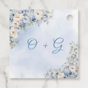 Chique waterverf blauw en wit bloemmonogram bedankjes labels