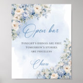 Chique waterverf blauw en wit rozen open bar poster (Voorkant)