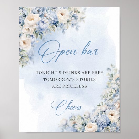 Chique waterverf blauw en wit rozen open bar poster (Voorkant)