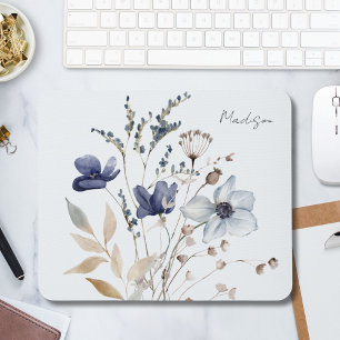 Chique Waterverf Bloem met Initiaal in Blauw Muismat