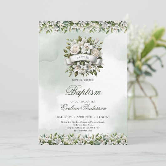 Chique waterverf bloemenkrans met lint Doop Kaart (Staand voorkant)