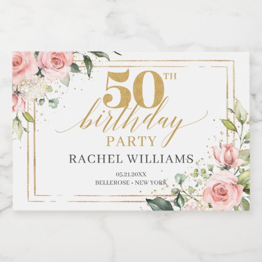 Chique waterverf blush bloemen goud 50ste verjaard sparkling wijnetiket (Enkel label)