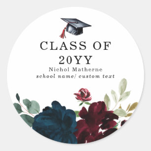 Chique Waterverf Bourgogne Navy Florals Afstuderen Ronde Sticker