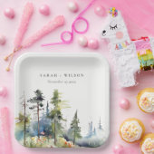 Chique waterverf dennenbos landschap bruiloft papieren bordje (Feest)