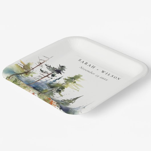 Chique waterverf dennenbos landschap bruiloft papieren bordje (Gebogen)