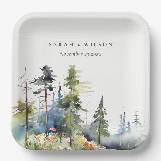 Chique waterverf dennenbos landschap bruiloft papieren bordje (Voorkant)