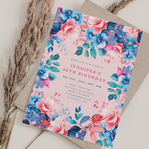 Chique Waterverf Floral 40th Birthday Blush Kaart