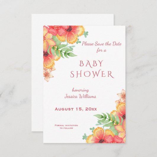 Chique Waterverf Hoek Bloemen baby shower Save The Date (Voorkant / Achterkant)