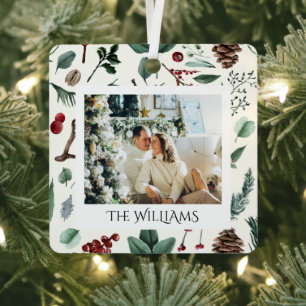 Chique Waterverf Kerst Botanische Foliage Foto Metalen Ornament