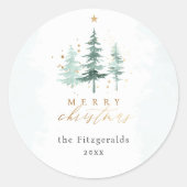 Chique Waterverf Pijnbomen Vrolijk Kerstfeest Ronde Sticker (Voorkant)
