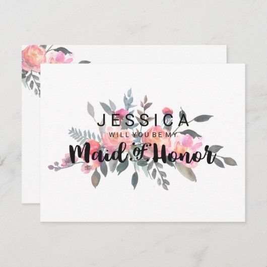Chique Waterverf Pioen Wil je mijn bruidsmeisje zi Kaart (Voorkant / Achterkant)