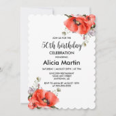 Chique Waterverf Rood Klaproos Groen 50e Verjaarda Kaart (Voorkant)