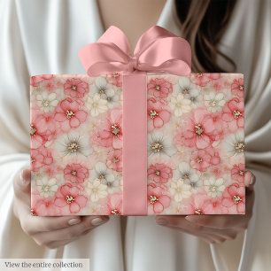 Chique waterverf roze & gouden bloem 50ste verjaar cadeaupapier