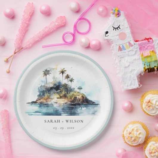 Chique Waterverf Seascape Palm Tree Island bruilof Papieren Bordje (Feest)