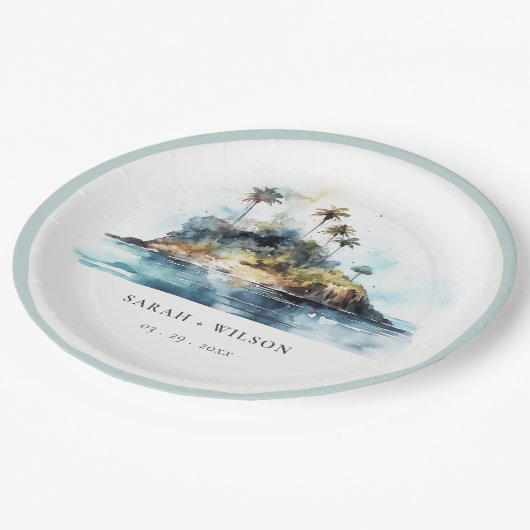 Chique Waterverf Seascape Palm Tree Island bruilof Papieren Bordje (Gekanteld)