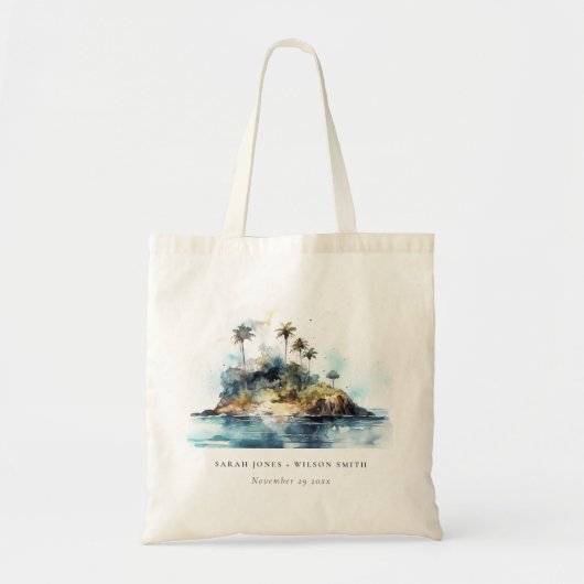 Chique Waterverf Seascape Palm Tree Island bruilof Tote Bag (Voorkant)