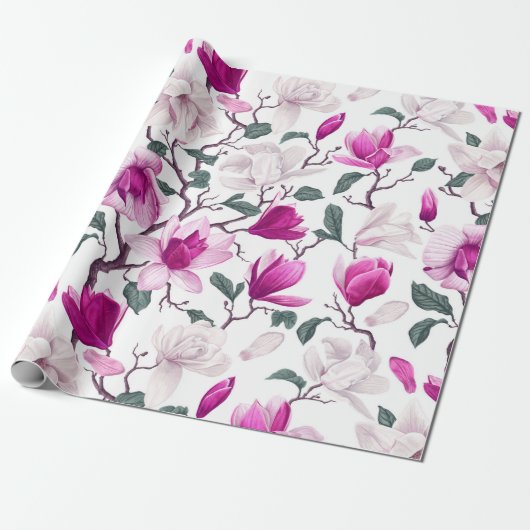 Chique Waterverf Wit Heet Roze Magnolia's Patroon Cadeaupapier (Uitgerold)