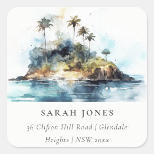 Chique Waterverf Zeegezicht Palm Tree Island Adres Vierkante Sticker