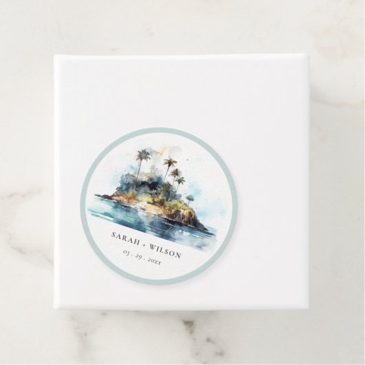 Chique Waterverf Zeelandschap Palmboom Eiland Brui Bedankjes Labels (In situ)