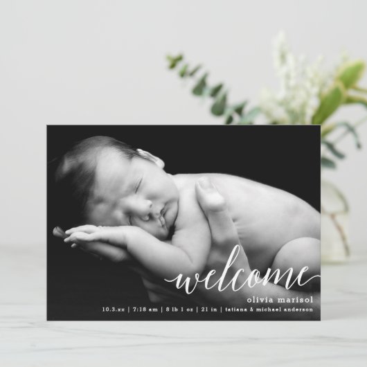 Chique welkom kalligrafie script geboorte aankondi aankondiging (Staand voorkant)