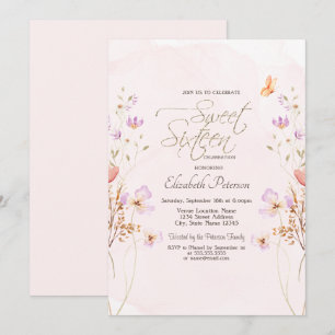 Chique Wilde Bloemen Roze Waterverf Sweet 16 Kaart